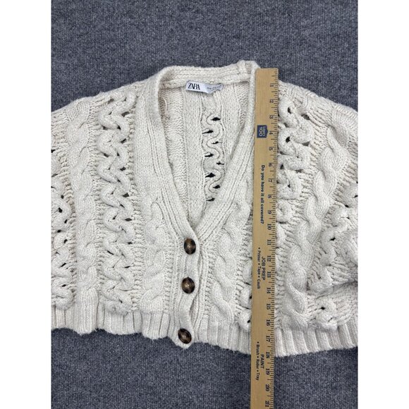 Zara Cardigan Sweater Womens Medium Cream Chunky Cable Knit Cropped Button Front - Picture 3 of 7